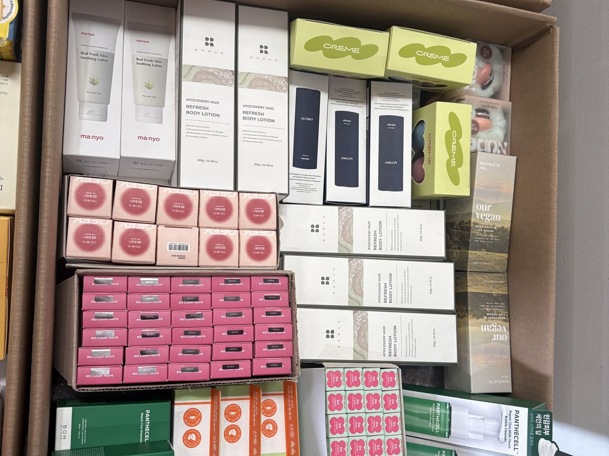 Assorted skincare and body care boxes sorted in cartons